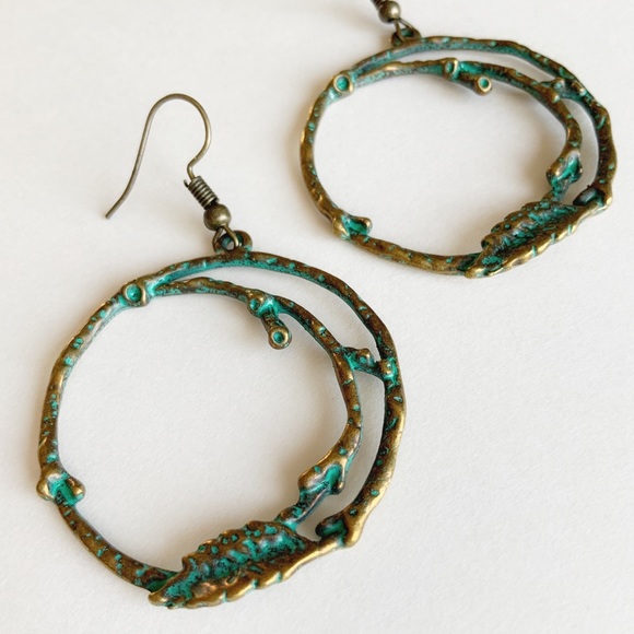 Vintage Bronze Patina Twig Hoops - Picture 2 of 4
